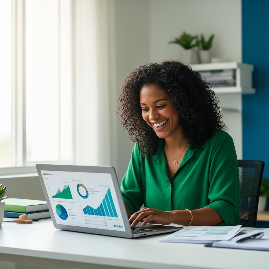 Mulher feliz organizando suas finanças no notebook em casa